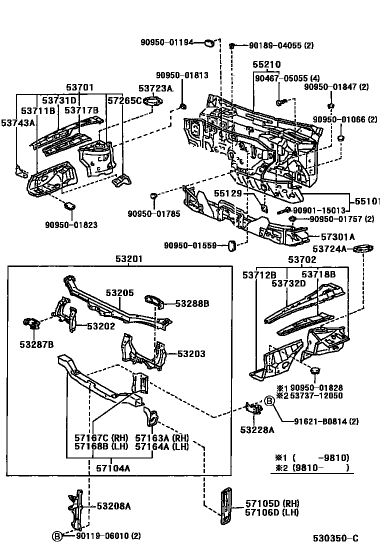 Toyota COROLLA 前翼子板挡泥板和前围板 EPC diagram — 530350C