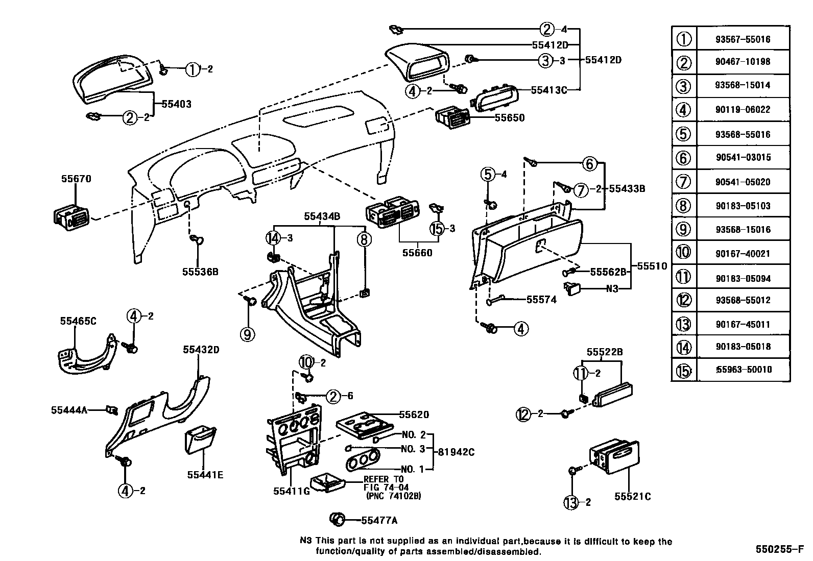 Toyota COROLLA 仪表板和手套箱 EPC diagram — 550255F
