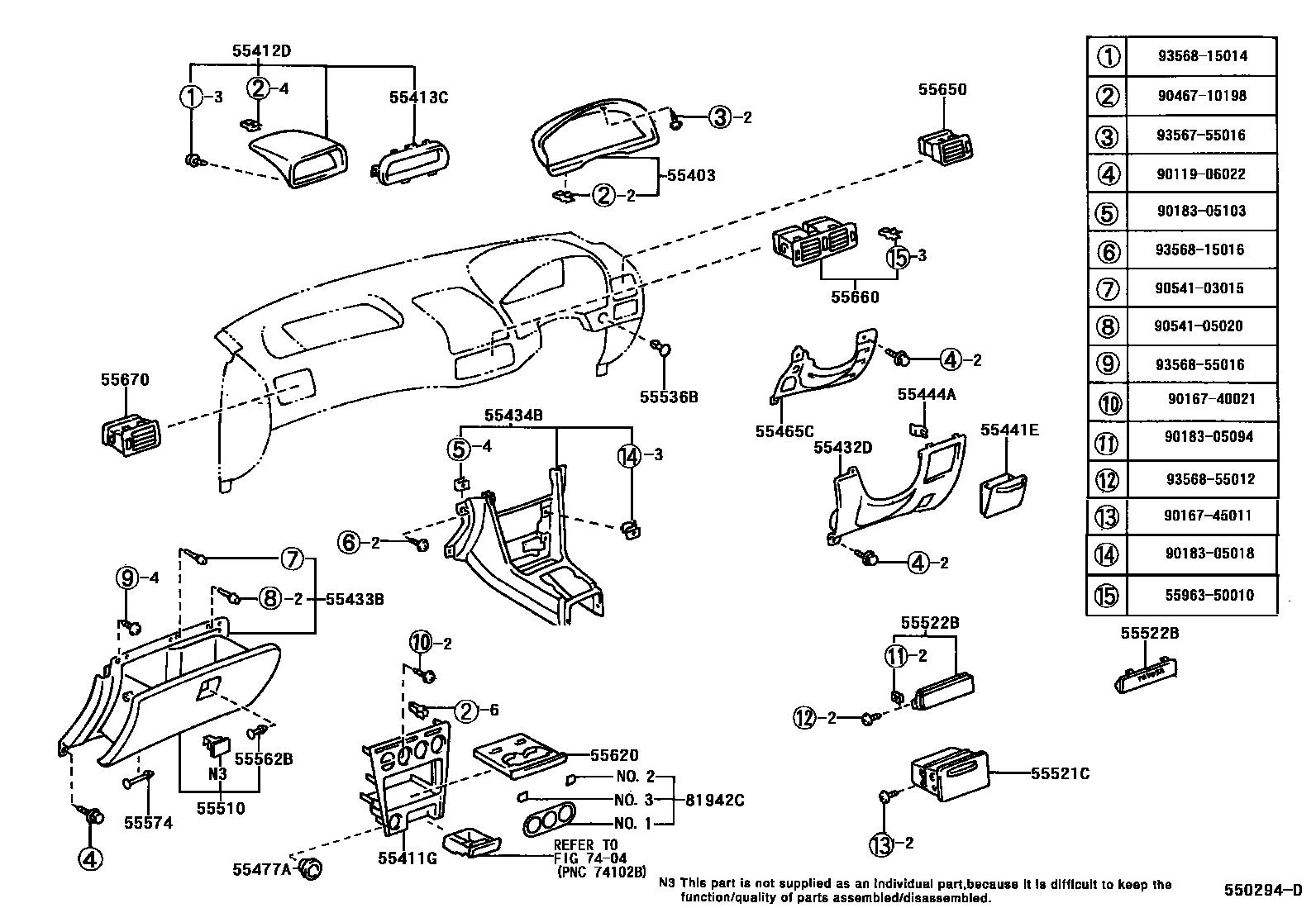 Toyota COROLLA 仪表板和手套箱 EPC diagram — 550294D