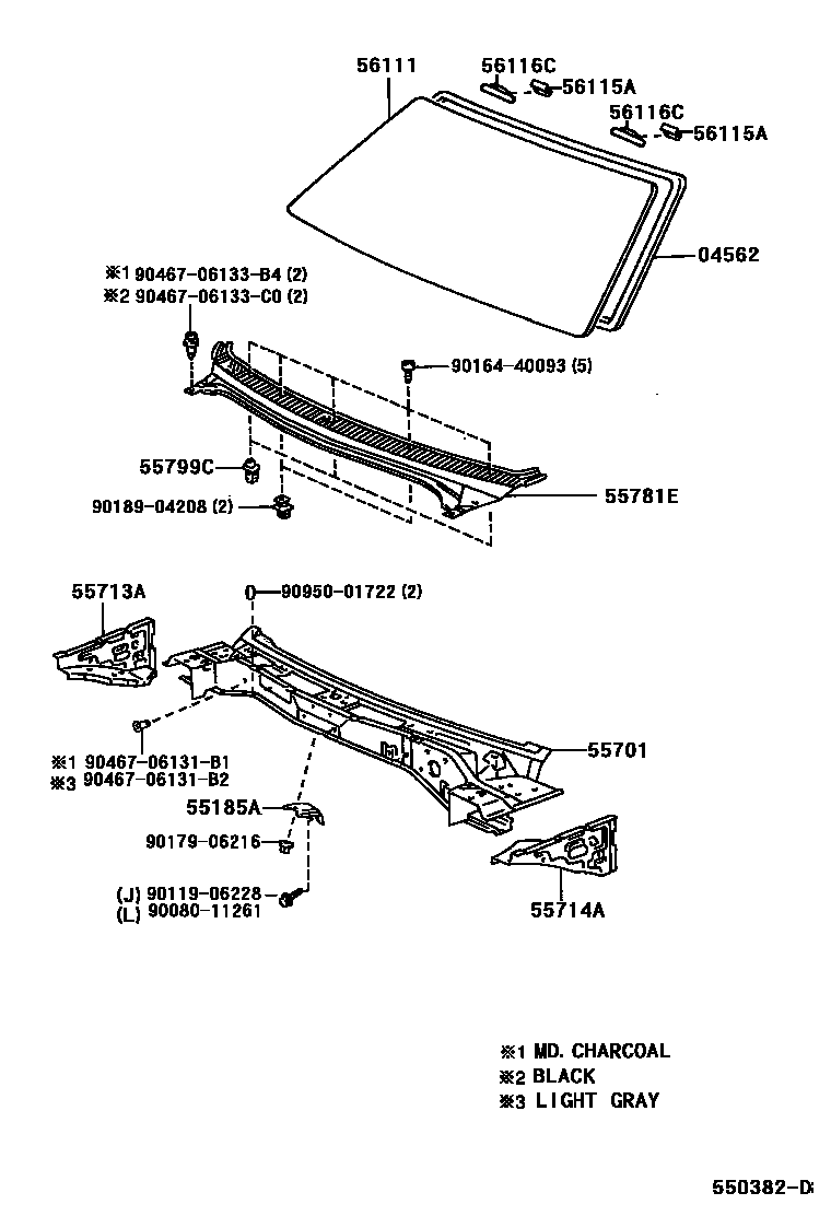 Toyota COROLLA 前围板和挡风玻璃 EPC diagram — 550382D