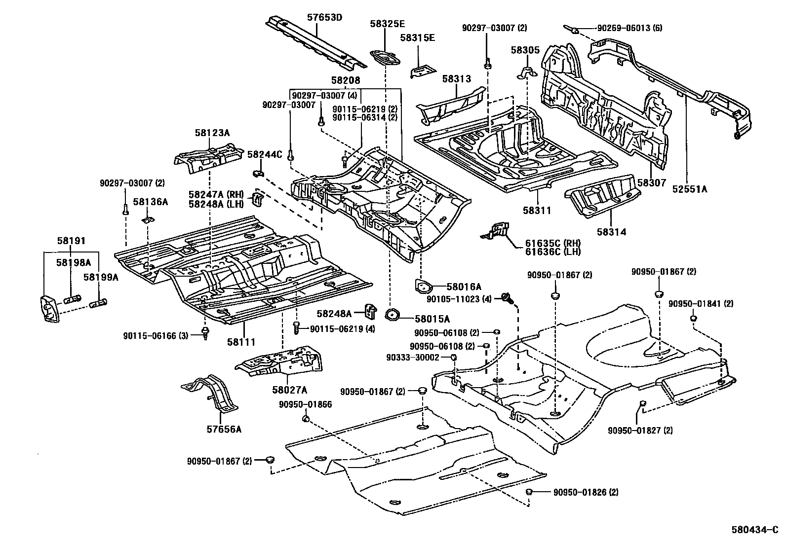 Toyota COROLLA 浅盘形地板和车身下背板 EPC diagram — 580434C