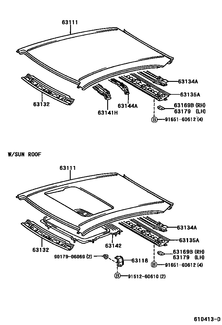 Toyota COROLLA 天窗板和背窗玻璃 EPC diagram — 610413D