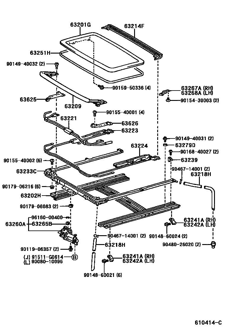 Toyota COROLLA 天窗板和背窗玻璃 EPC diagram — 610414C