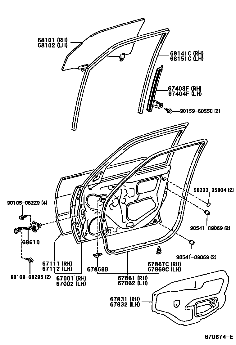 Toyota COROLLA 前门板和前门玻璃 EPC diagram — 670674E