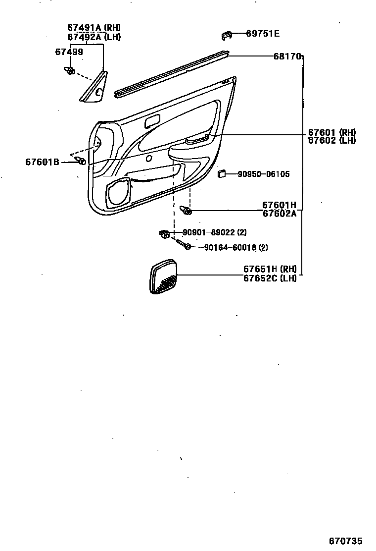 Toyota COROLLA 前门板和前门玻璃 EPC diagram — 670735