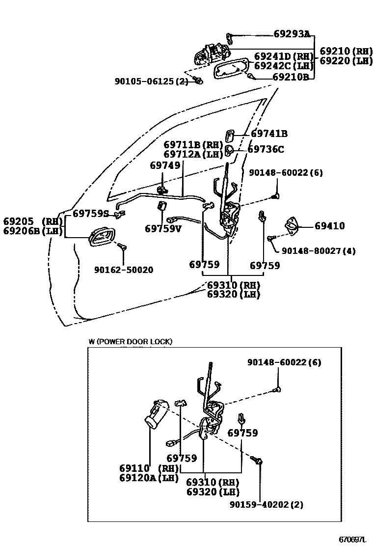 Toyota COROLLA 前门锁和车门把手 EPC diagram — 670697L