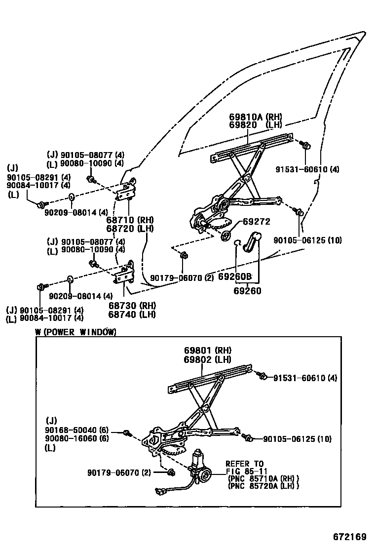 Toyota COROLLA 前门车窗升降器和合页 EPC diagram — 672169