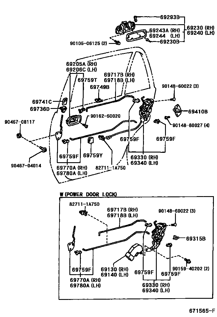 Toyota COROLLA 后门锁和后门把手 EPC diagram — 671565F