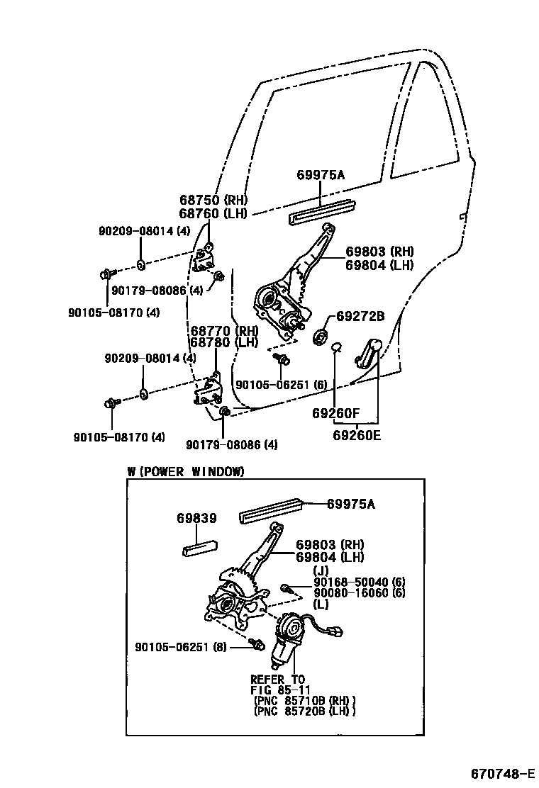 Toyota COROLLA 后门车窗升降器和合页 EPC diagram — 670748E