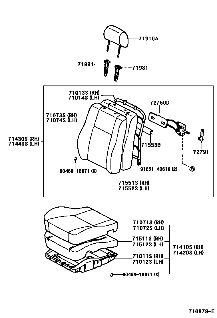 Toyota COROLLA 前排座椅和座椅滑轨 EPC diagram — 710879E