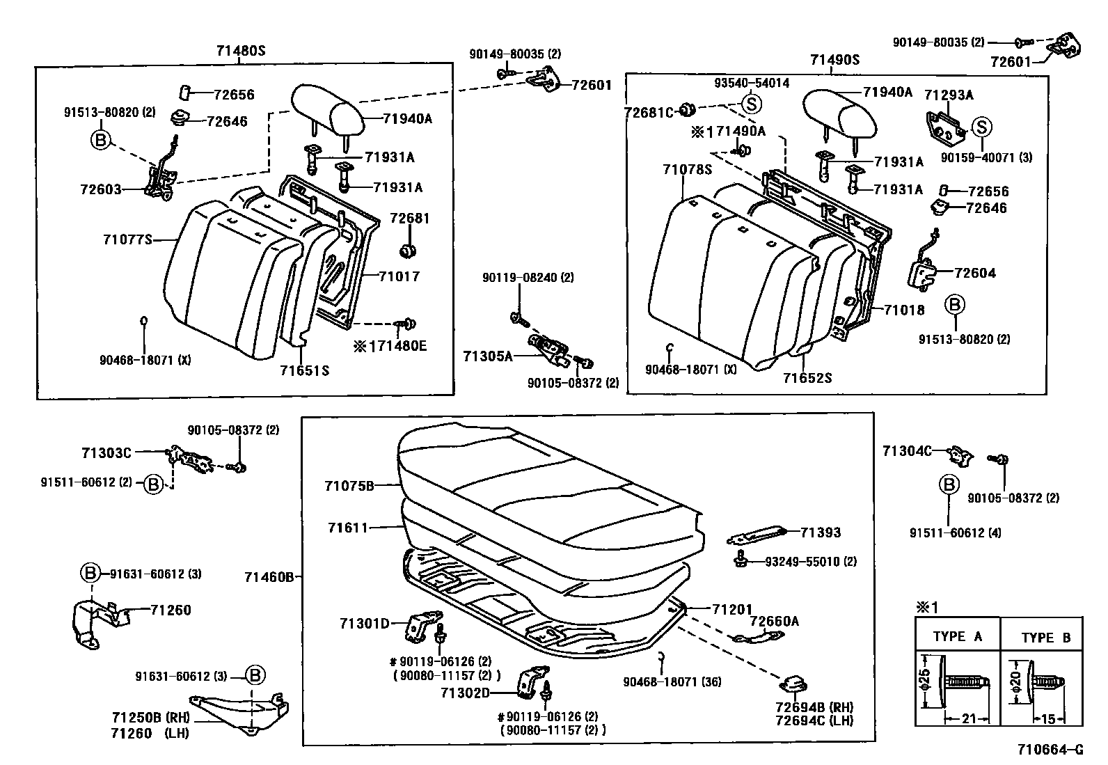 Toyota COROLLA 后排座椅和座椅滑轨 EPC diagram — 710664G