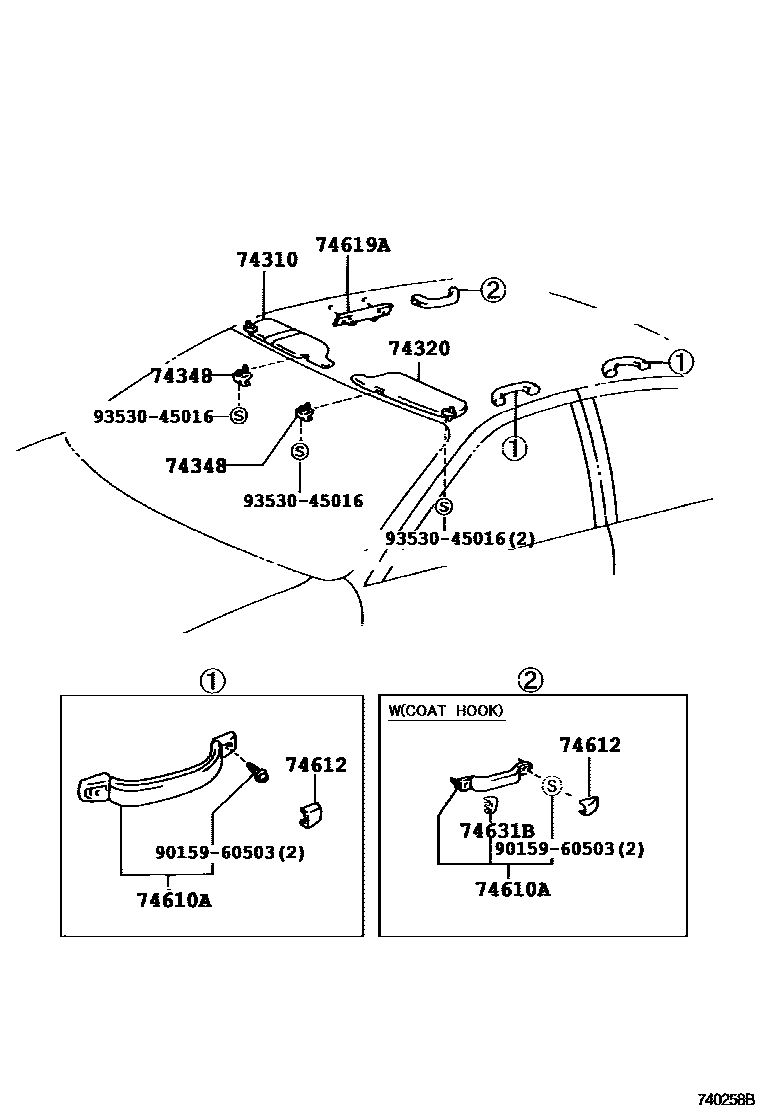 Toyota COROLLA 扶手和遮阳板 EPC diagram — 740258B
