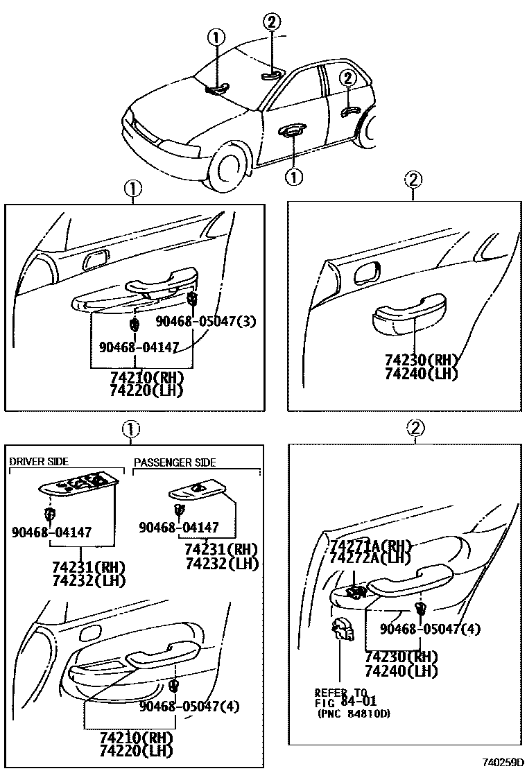 Toyota COROLLA 扶手和遮阳板 EPC diagram — 740259D