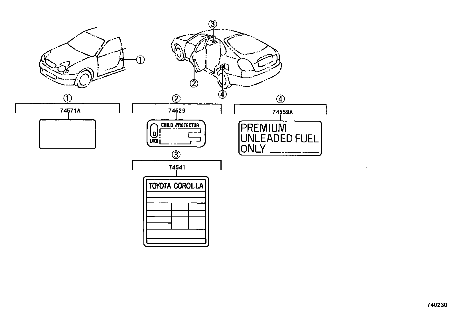Toyota COROLLA 警示铭牌(车外和车内) EPC diagram — 740230