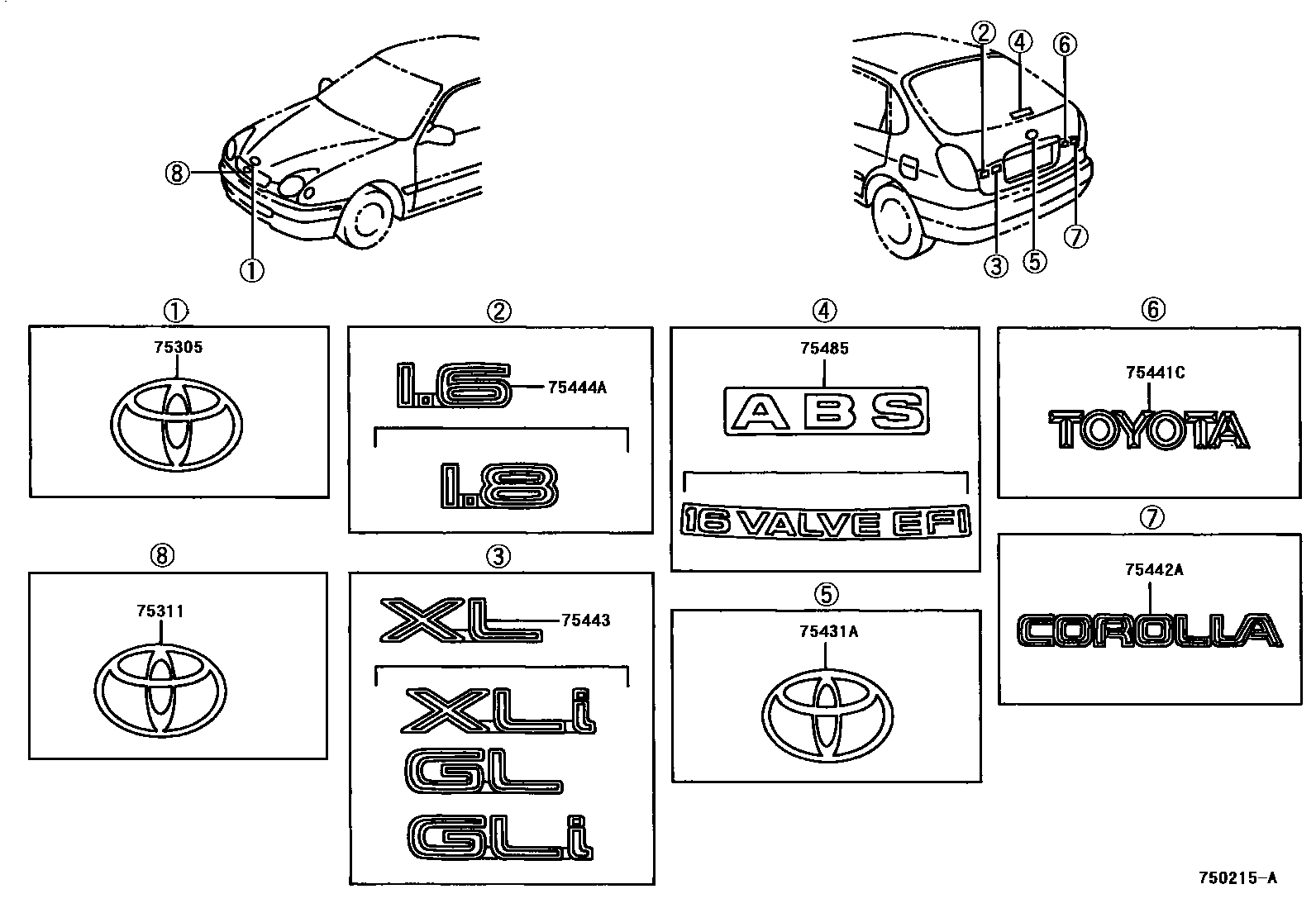 Toyota COROLLA 丰田徽标和铭牌(车外和车内) EPC diagram — 750215A