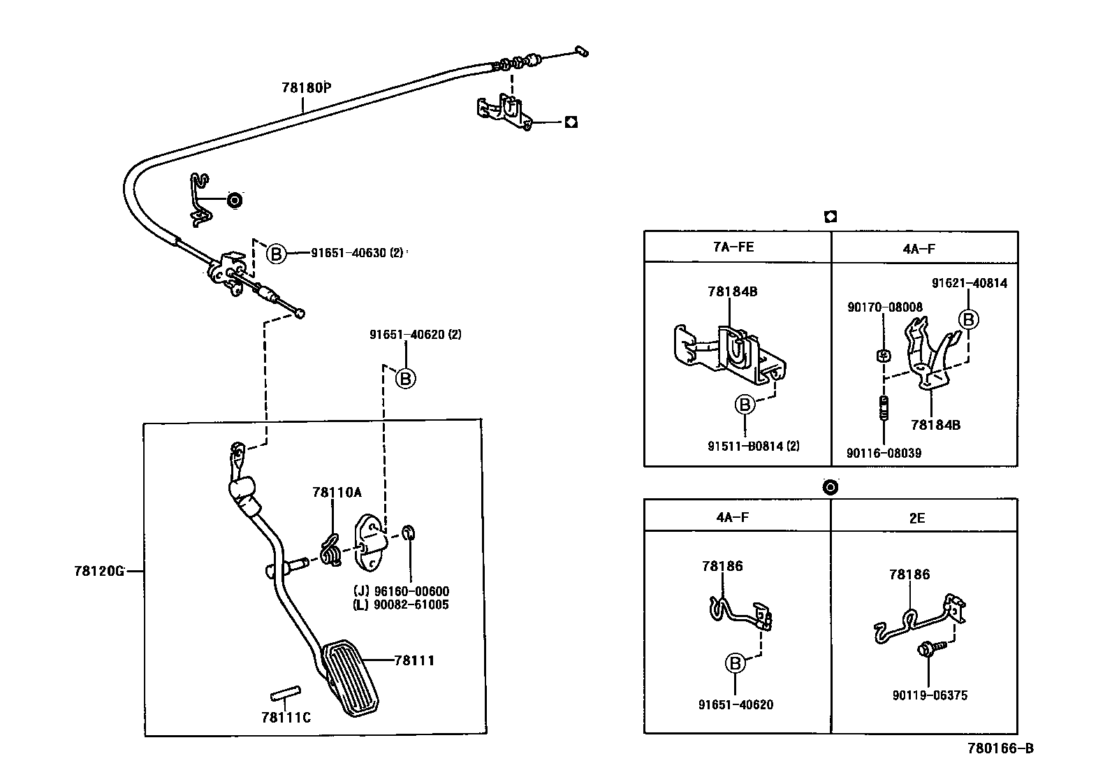 Toyota COROLLA accelerator pedal connecting rod EPC diagram — 780166B