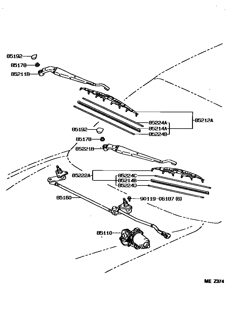 Toyota COROLLA 挡风玻璃刮水器 EPC diagram — MEZ374