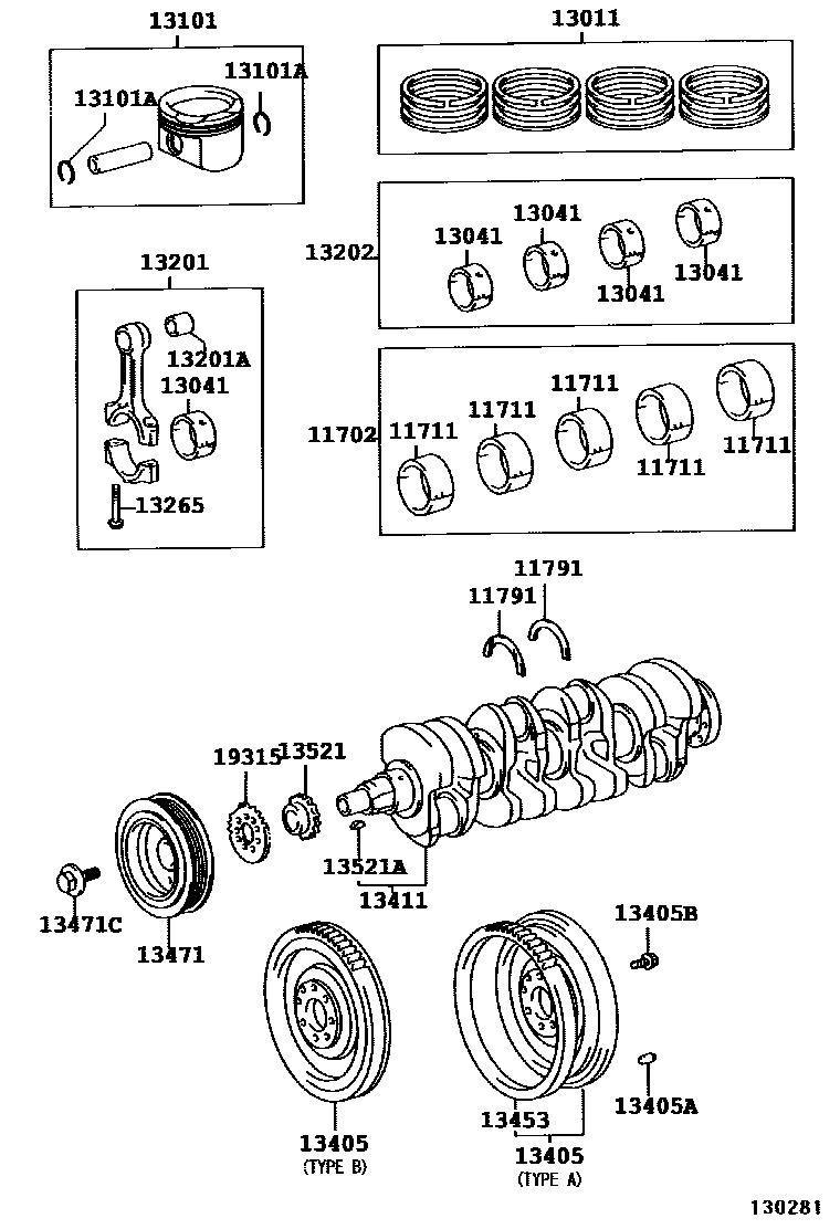 Toyota COROLLA Crankshaft & Piston EPC diagram — 130281D