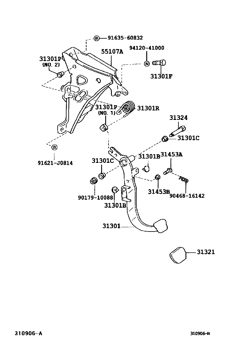 Toyota COROLLA 离合器踏板和挠性软管 EPC diagram — 310906B