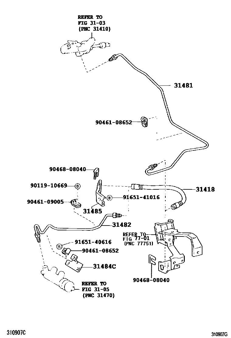 Toyota COROLLA 离合器踏板和挠性软管 EPC diagram — 310907G