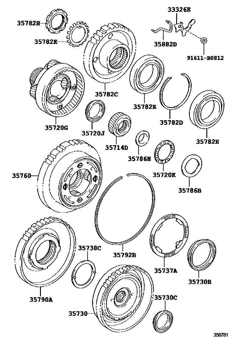 Toyota COROLLA 行星齿轮、倒档活塞和中间轴齿轮(ATM) EPC diagram — 356781