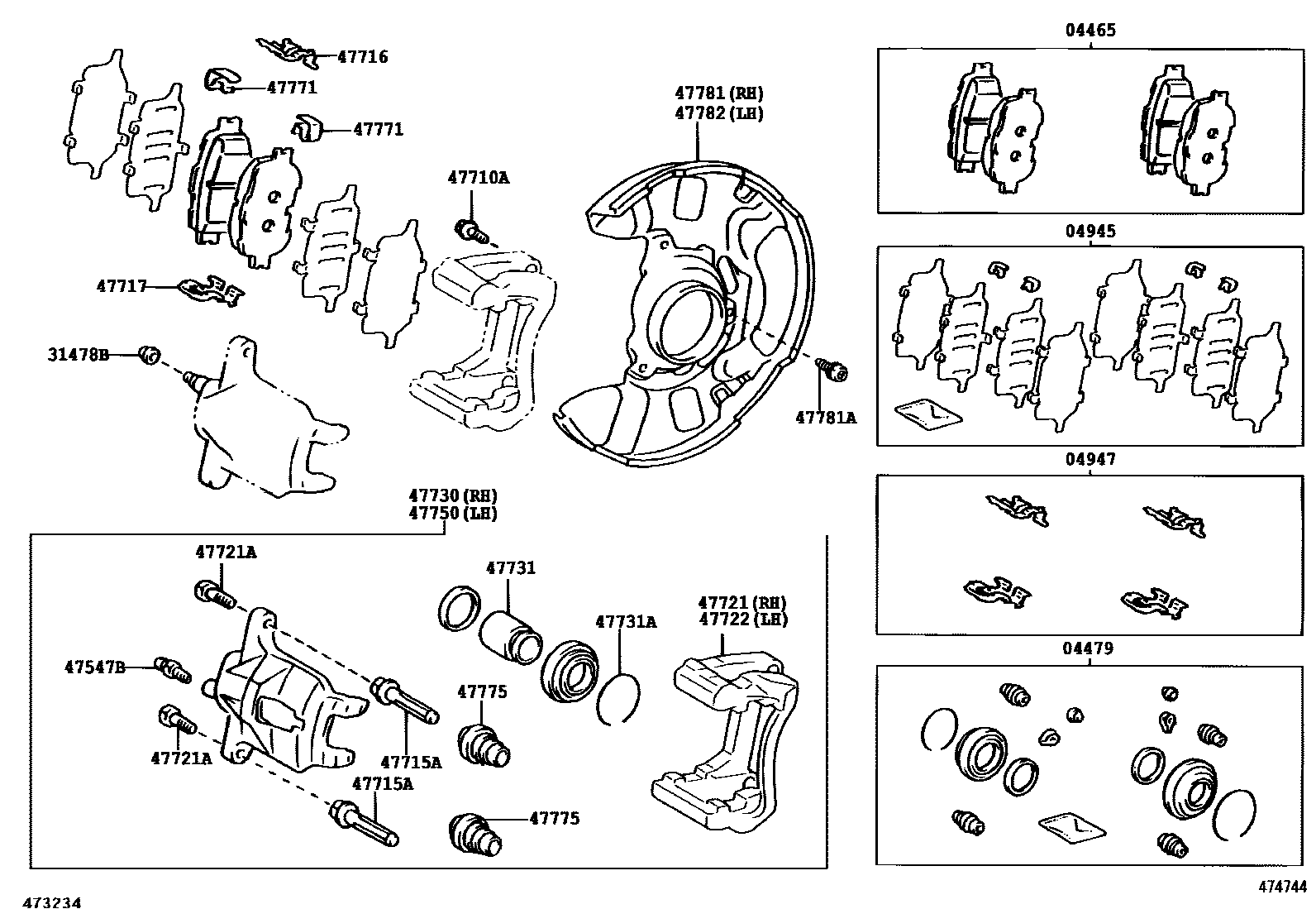 Toyota COROLLA 前盘式制动器卡钳和防尘罩 EPC diagram — 474744