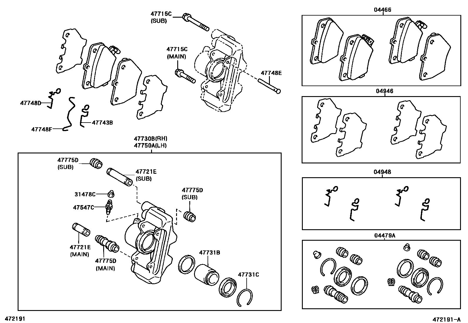 Toyota COROLLA 后盘式制动器卡钳和防尘罩 EPC diagram — 472191A