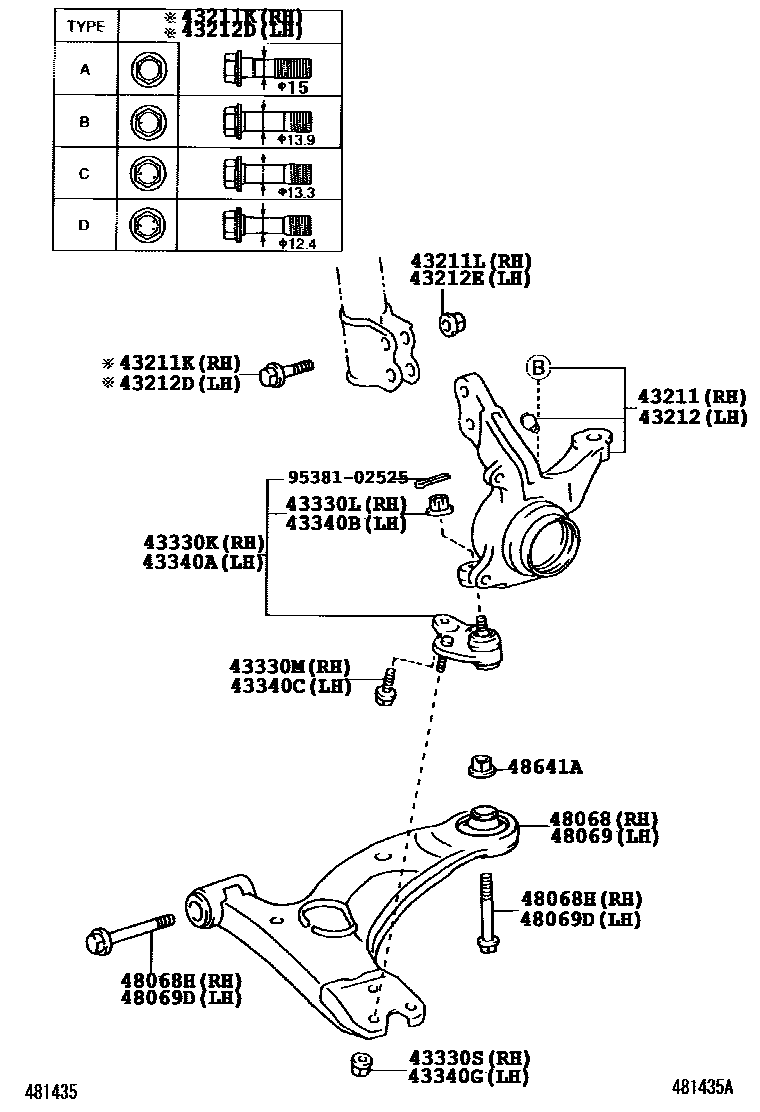 Toyota COROLLA 前桥控制臂和转向节 EPC diagram — 481435A
