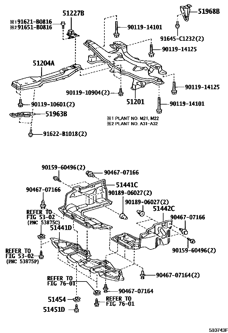 Toyota COROLLA 悬架横梁和发动机底罩 EPC diagram — 510743F