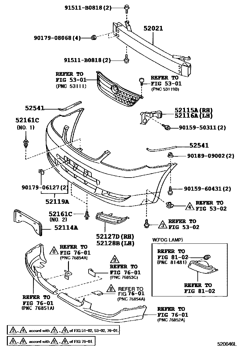 Toyota COROLLA 前保险杠及附件 EPC diagram — 520646L