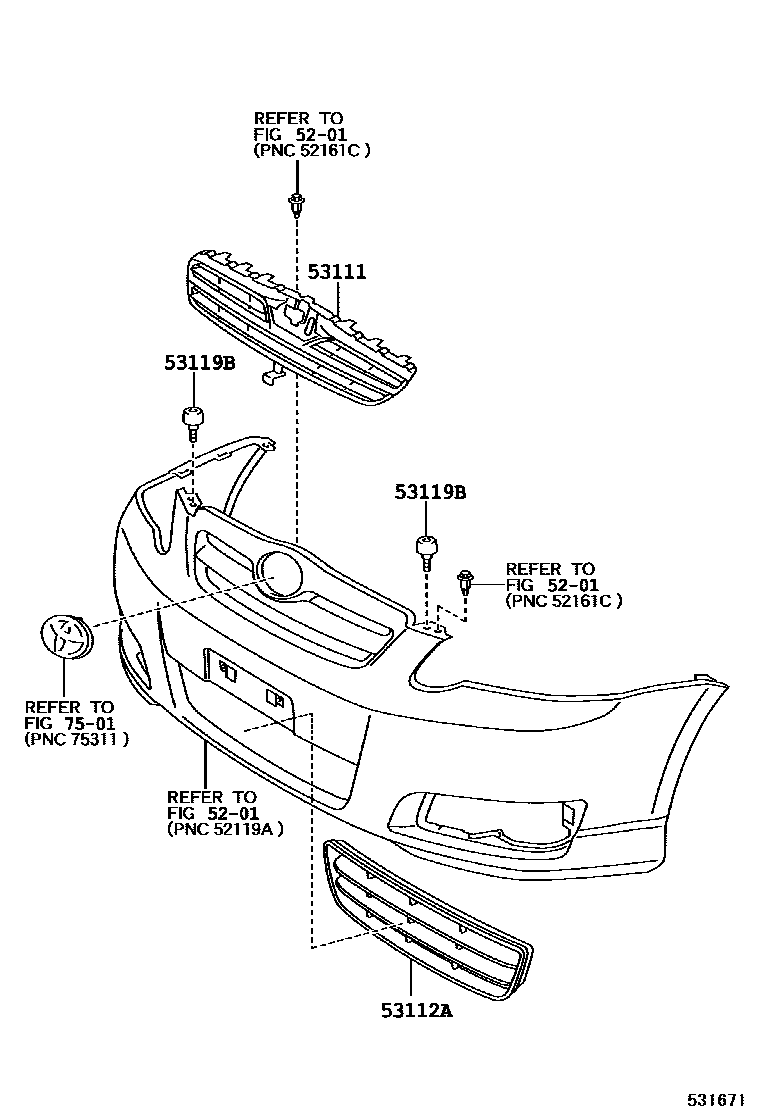 Toyota COROLLA radiator grille EPC diagram — 531671