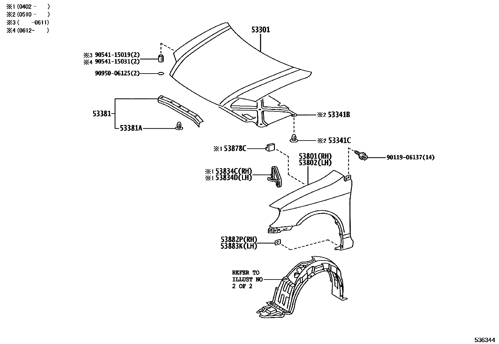 Toyota COROLLA 发动机盖和前翼子板 EPC diagram — 536344