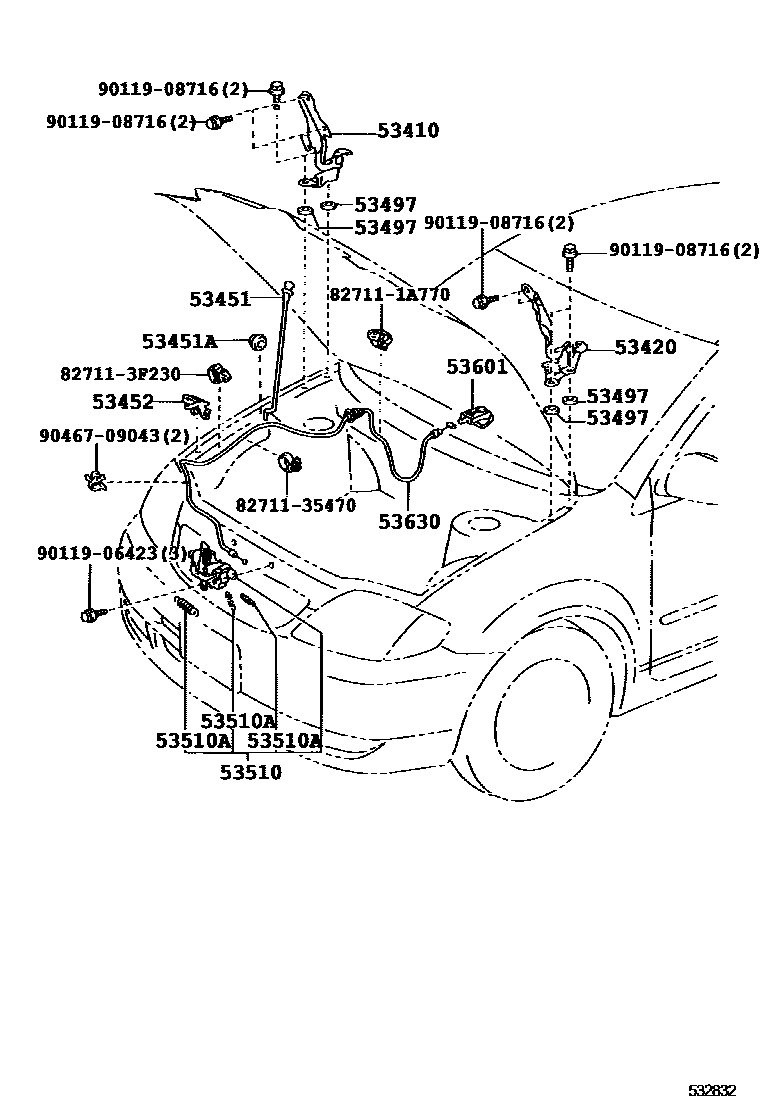 Toyota COROLLA 发动机盖锁和铰链 EPC diagram — 532832