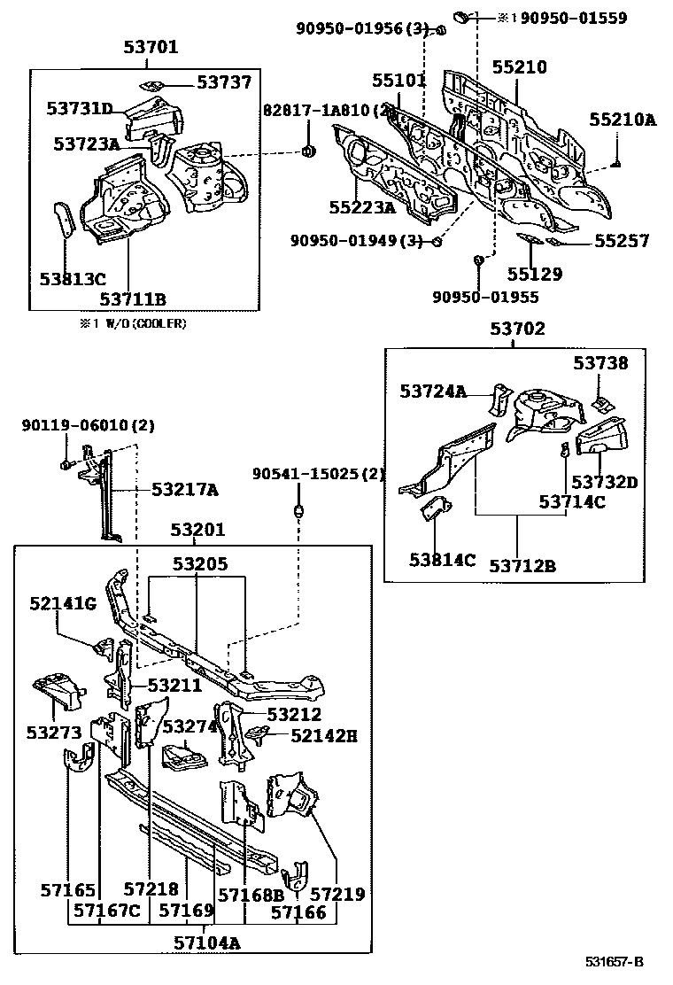 Toyota COROLLA 前翼子板挡泥板和前围板 EPC diagram — 531657B