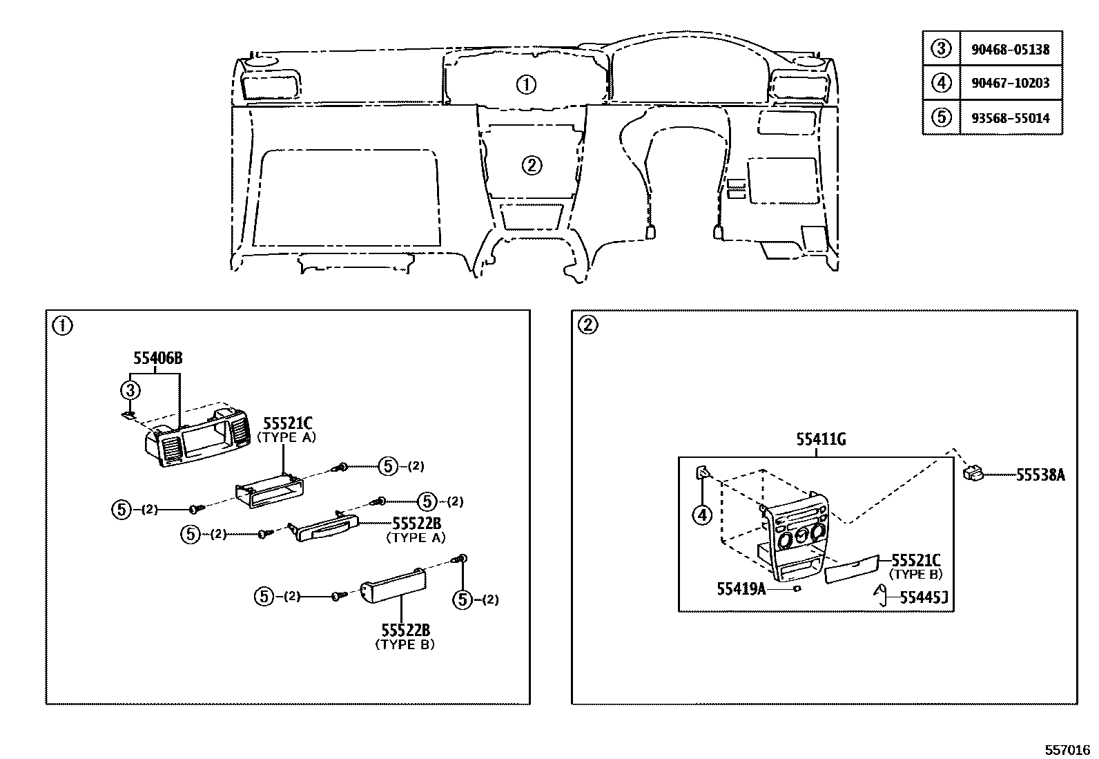 Toyota COROLLA 仪表板和手套箱 EPC diagram — 557016