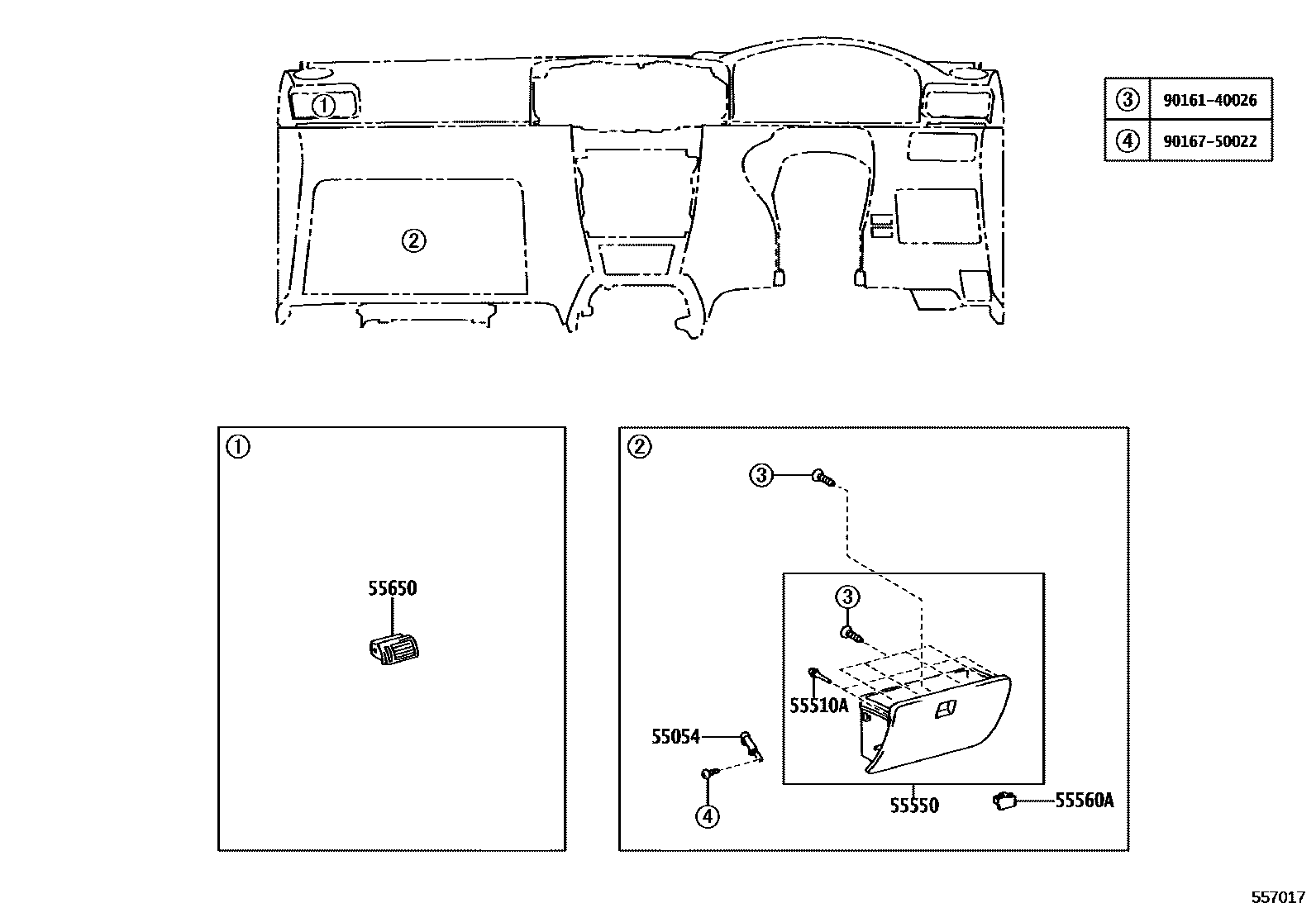 Toyota COROLLA 仪表板和手套箱 EPC diagram — 557017