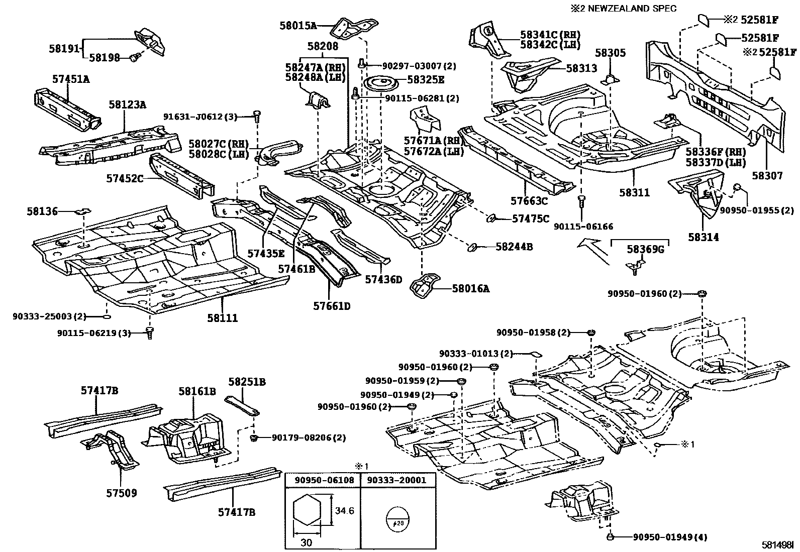 Toyota COROLLA 浅盘形地板和车身下背板 EPC diagram — 581498I