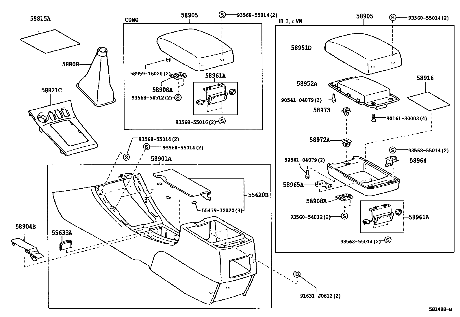 Toyota COROLLA 中央扶手箱和支架 EPC diagram — 581488B