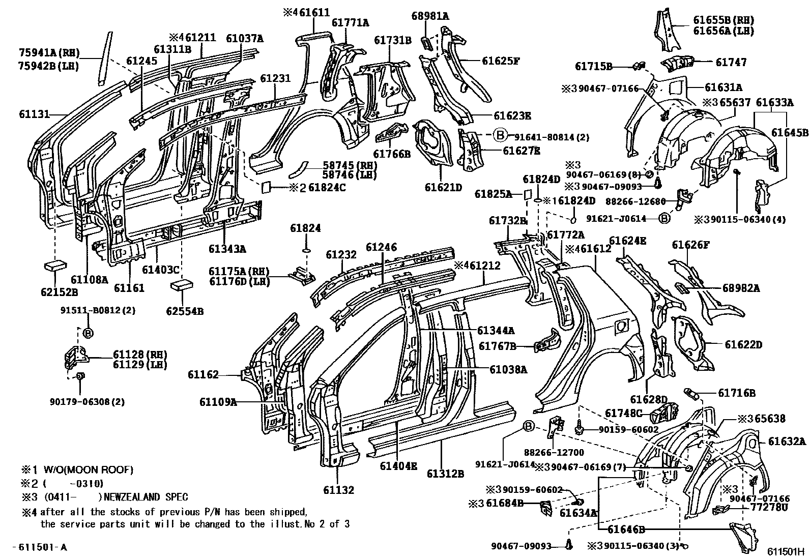 Toyota COROLLA 侧梁 EPC diagram — 611501H