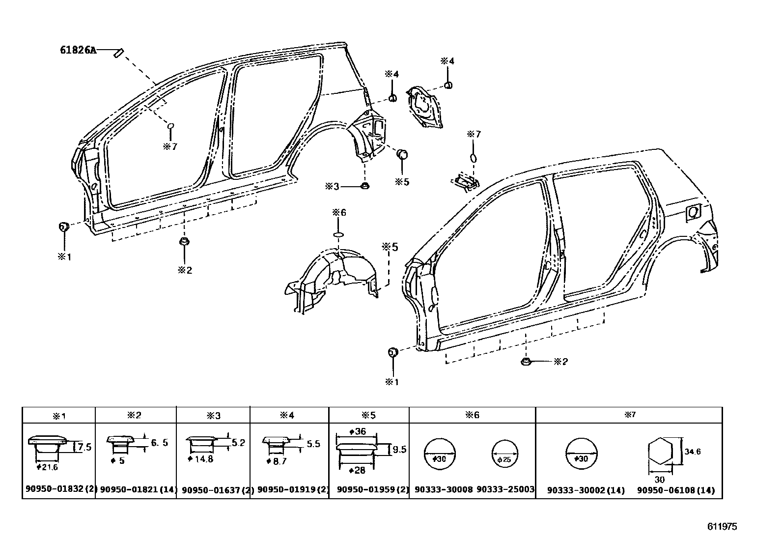 Toyota COROLLA 侧梁 EPC diagram — 611975A
