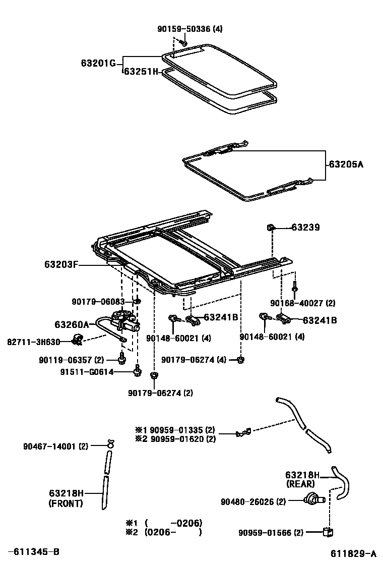 Toyota COROLLA 天窗板和背窗玻璃 EPC diagram — 611829A