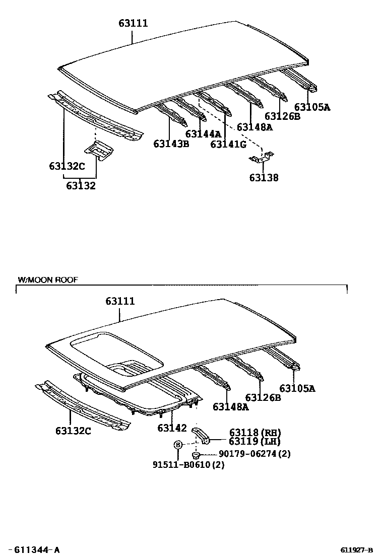 Toyota COROLLA 天窗板和背窗玻璃 EPC diagram — 611927B
