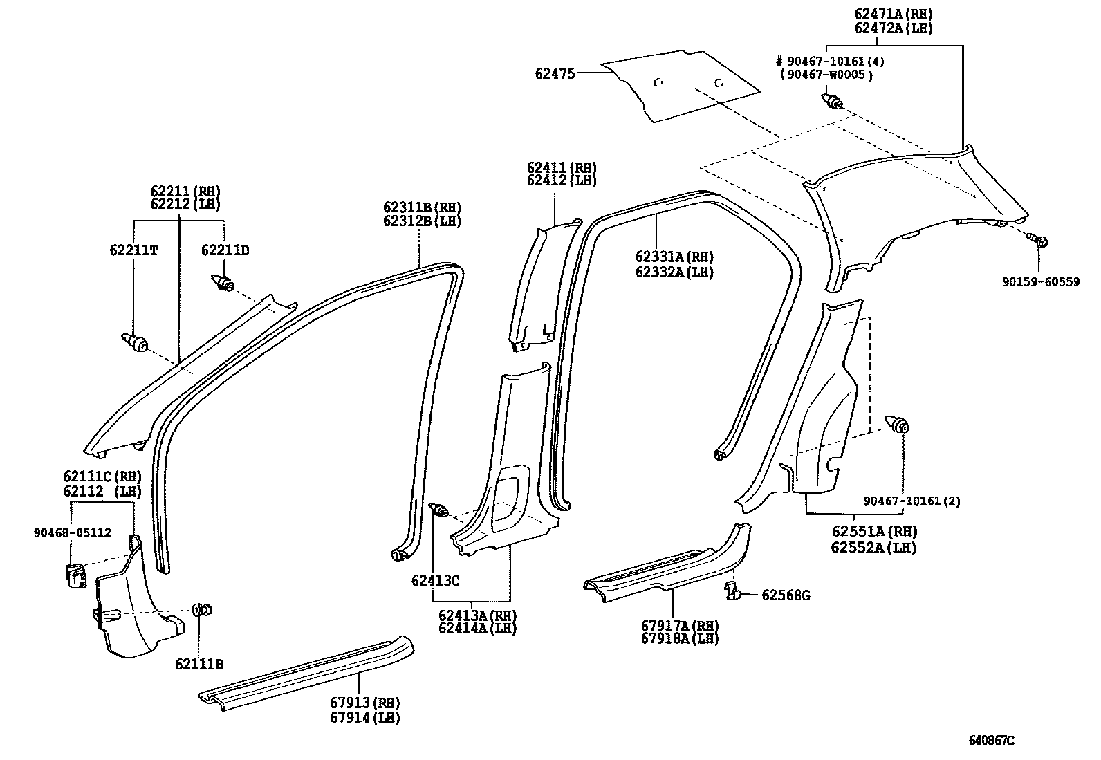 Toyota COROLLA 内饰板和车门防水胶条 EPC diagram — 640867C