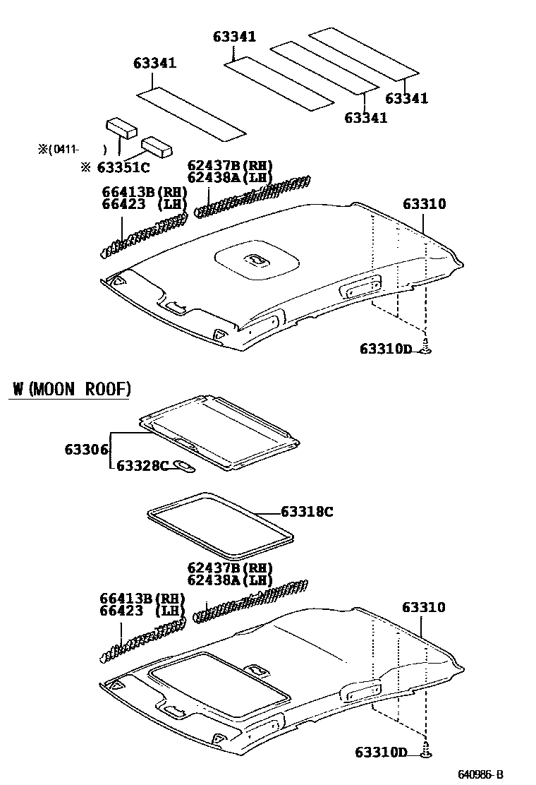 Toyota COROLLA 车顶内衬和消声垫 EPC diagram — 640986B