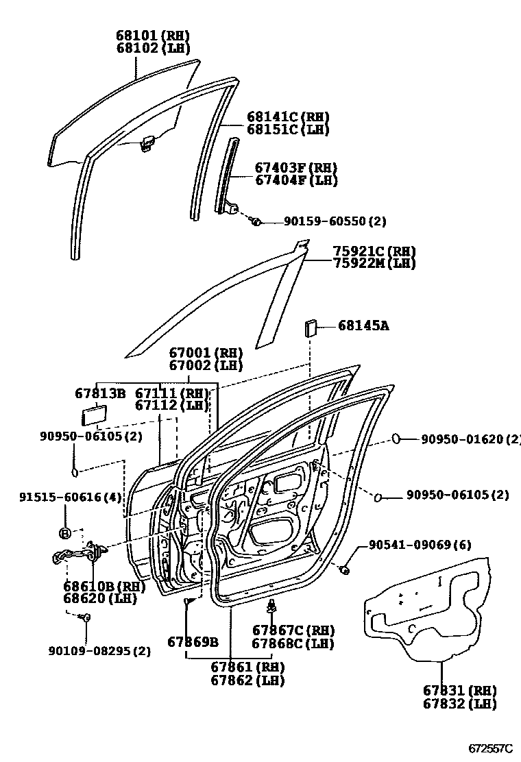 Toyota COROLLA 前门板和前门玻璃 EPC diagram — 672557C