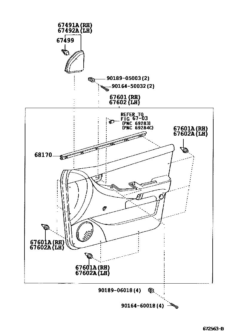Toyota COROLLA 前门板和前门玻璃 EPC diagram — 672563B