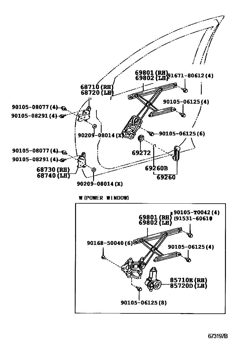 Toyota COROLLA 前门车窗升降器和合页 EPC diagram — 673197B