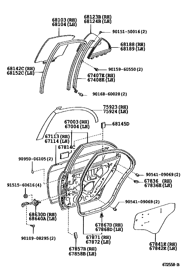 Toyota COROLLA 后门板和后门玻璃 EPC diagram — 672558B