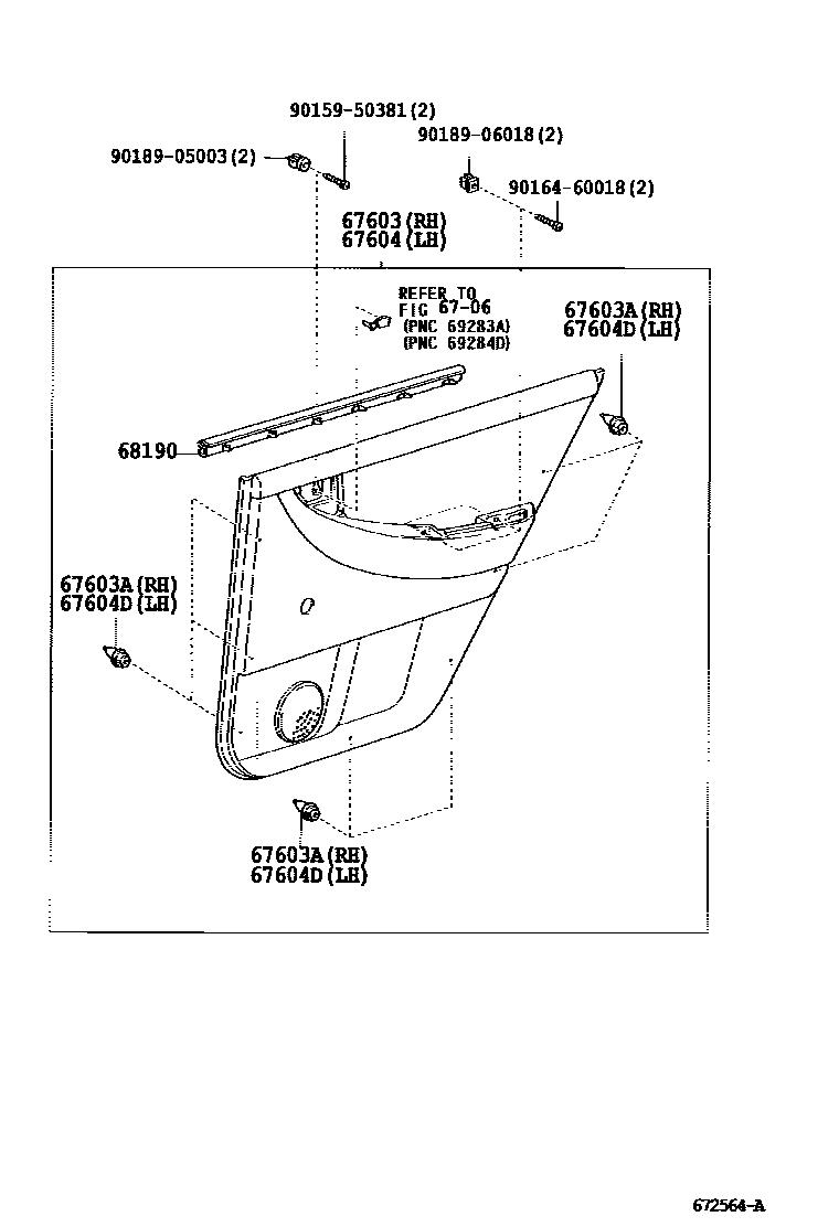 Toyota COROLLA 后门板和后门玻璃 EPC diagram — 672564A