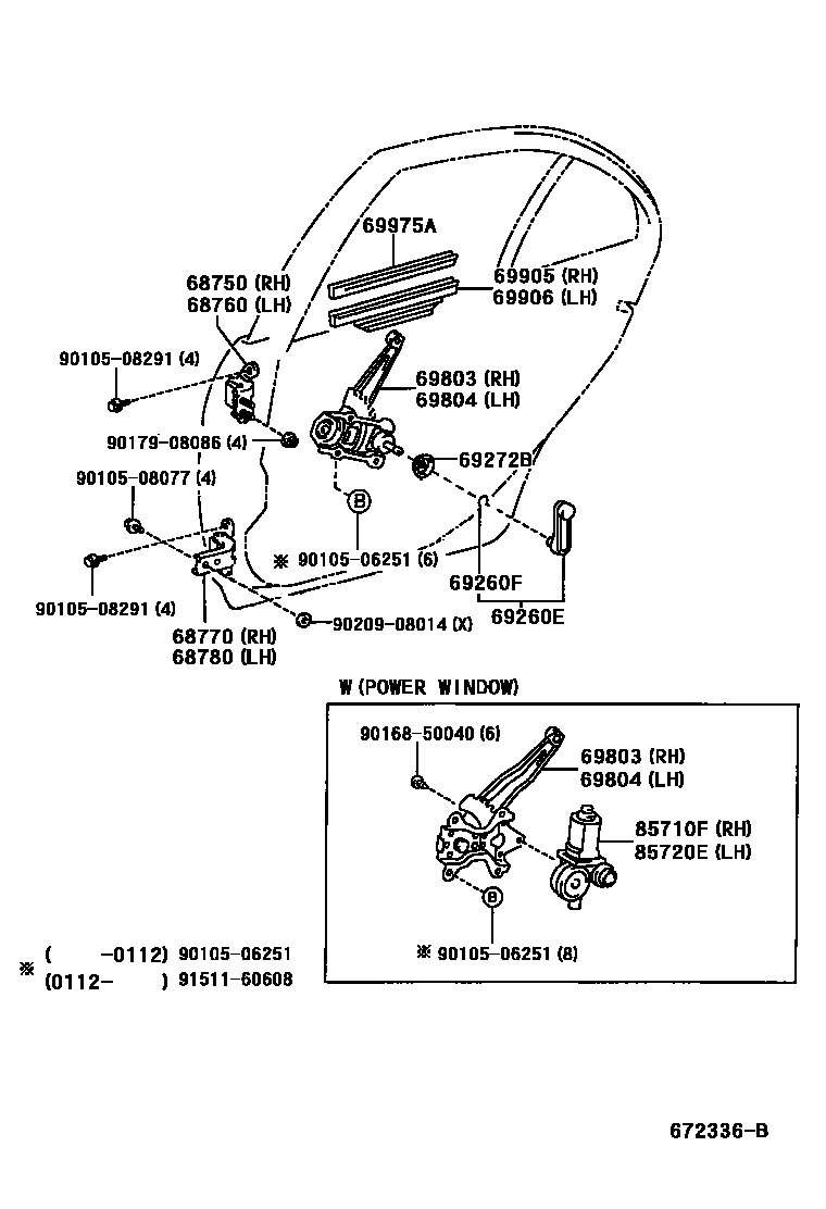 Toyota COROLLA 后门车窗升降器和合页 EPC diagram — 672336B
